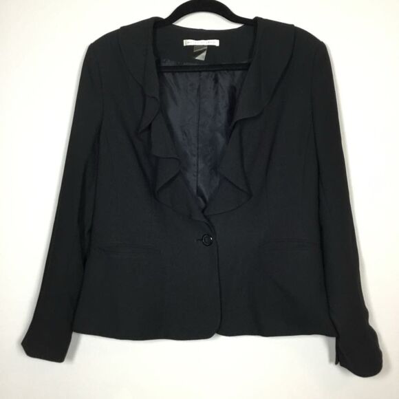 Peter Nygard Black Ruffle Minimalist Corporate Goth Oversized Blazer Petite 12 - Picture 1 of 8